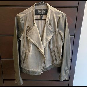 Olive Green Biker Jacket, Cotton and Faux Leather